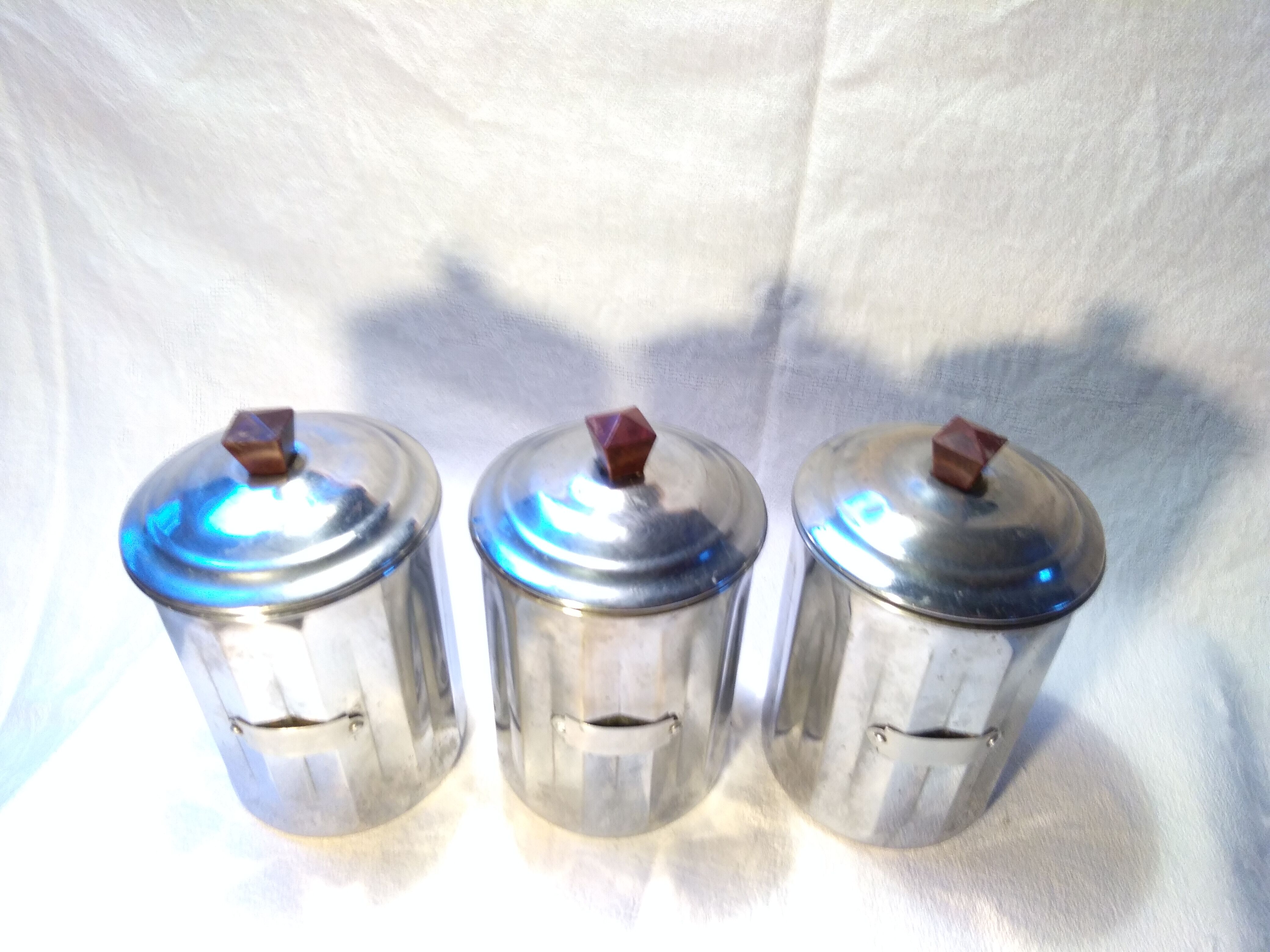 3 metal spice pots, 60s