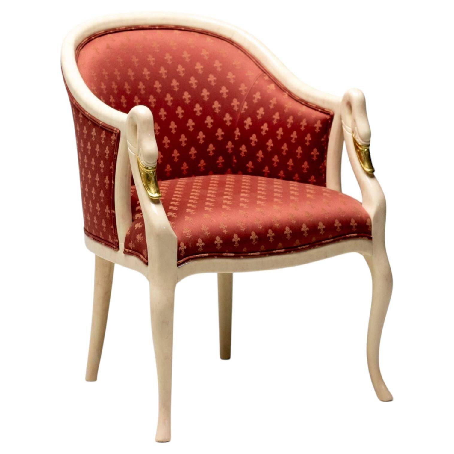 Trüggelmann - Swan neck armchair - Marble and gold base, poppy red damask