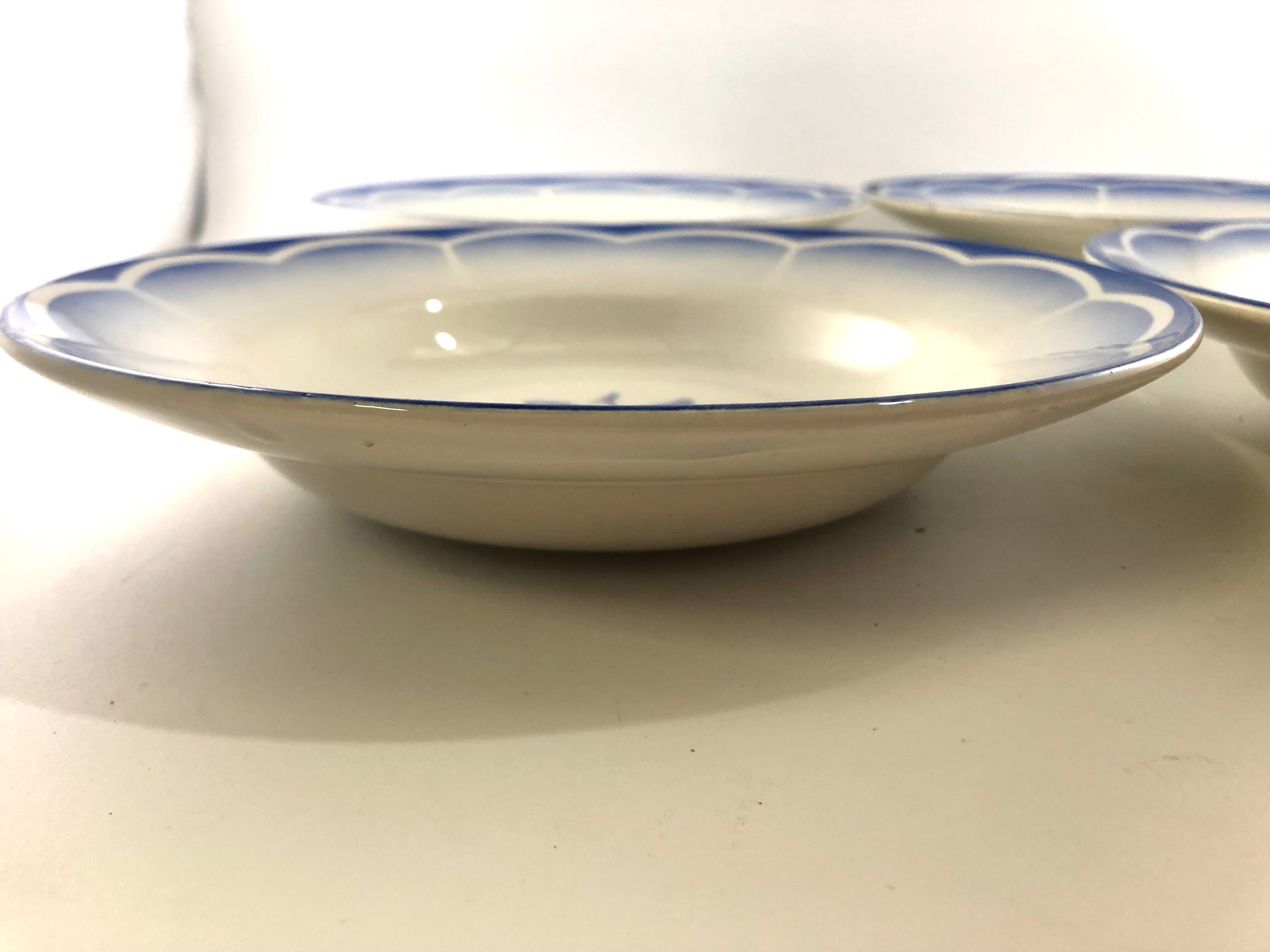 4 Digoin Sarreguemines soup plates, white and blue Marsac model with art deco flower