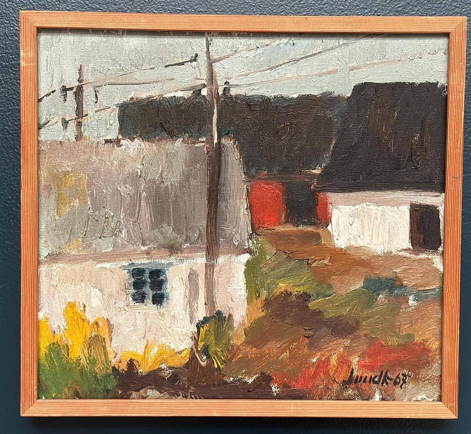 huile sur toile suédoise du milieu du siècle – « Parmi les maisons » par Karl Bertil Lundh – 1967 – Vintage et encadrée