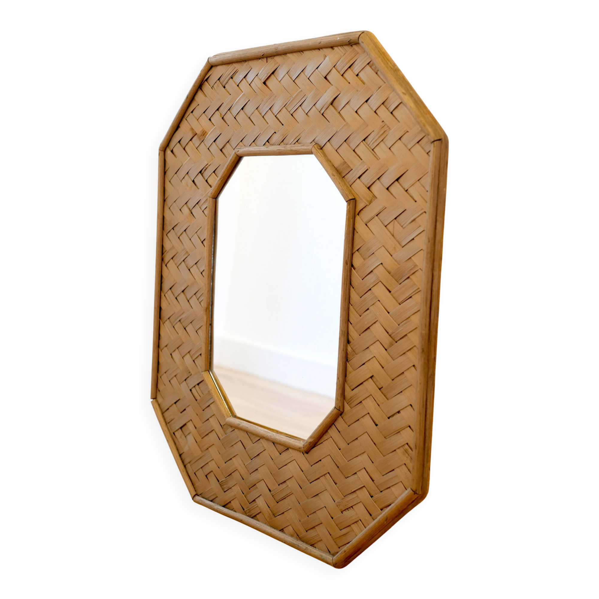 Octagonal mirror in woven bamboo