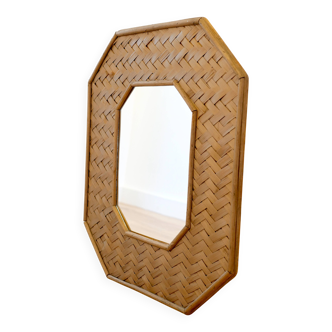 Octagonal mirror in woven bamboo