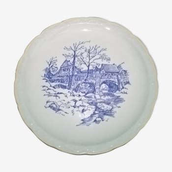 Assiette bleue, décor campagne et rivière, vintage