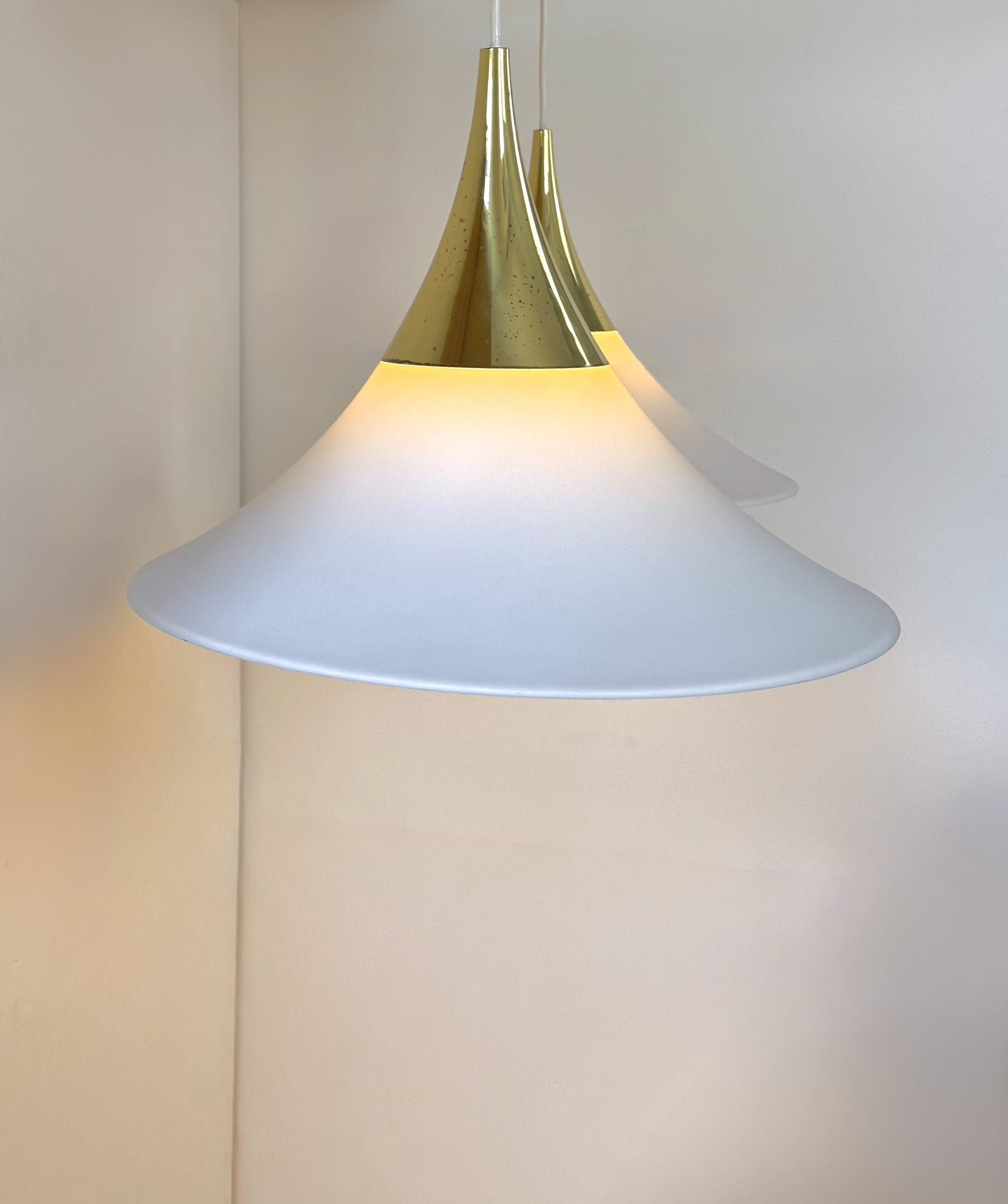 XL Pair of vintage pendants by Limburg, brass and opaline, Germany 1