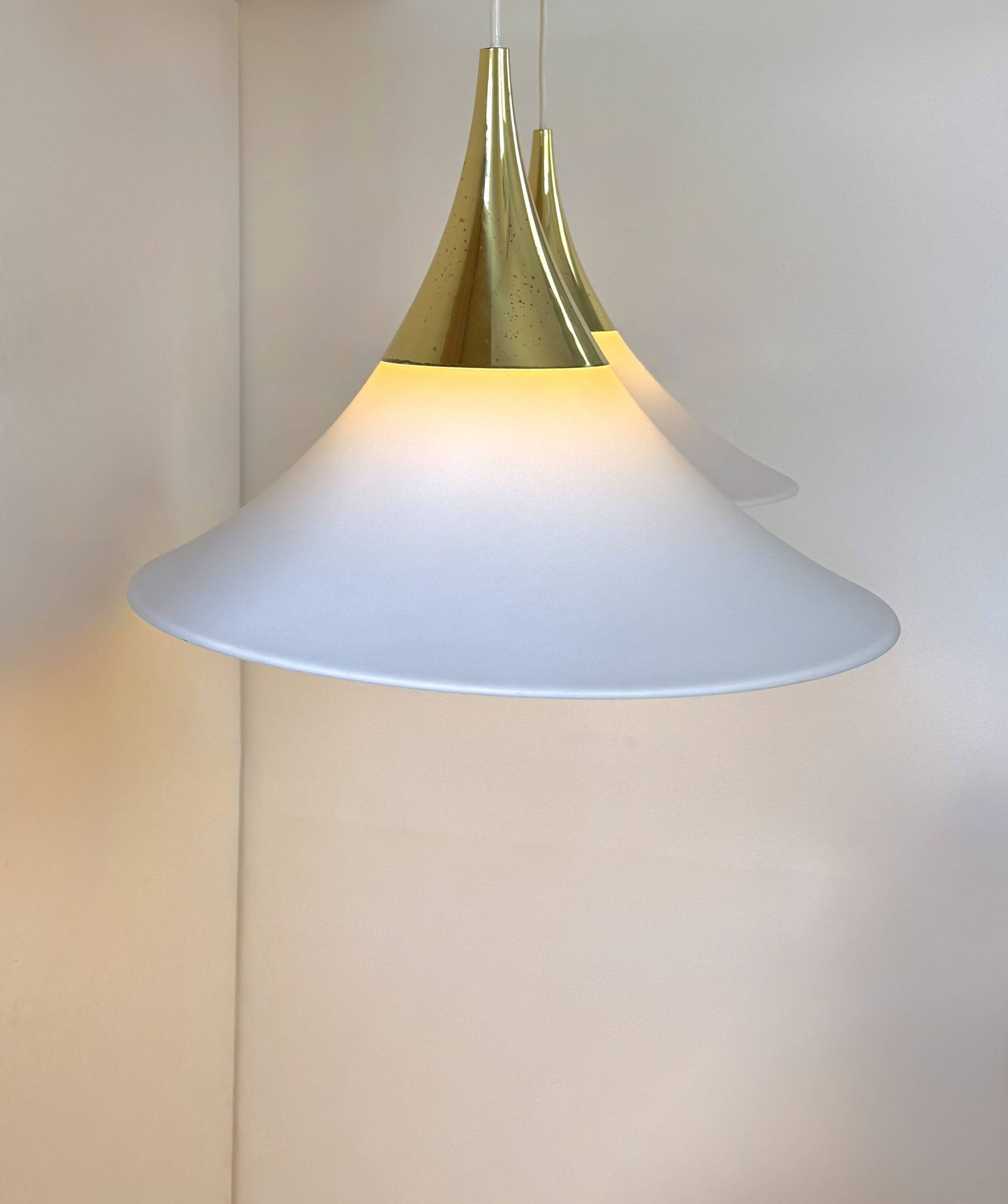 XL Pair of vintage pendants by Limburg, brass and opaline, Germany 1