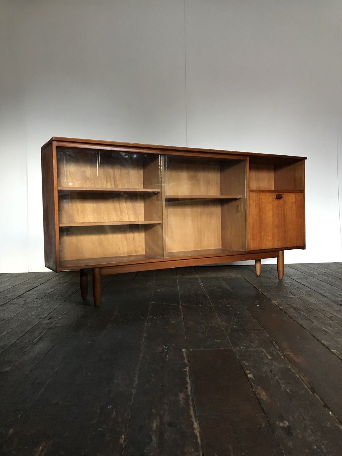 Row / teak, part glass, Mid century Scandinavian buffet
