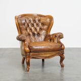 Antique Baroque Sheepskin Leather Chesterfield Armchair