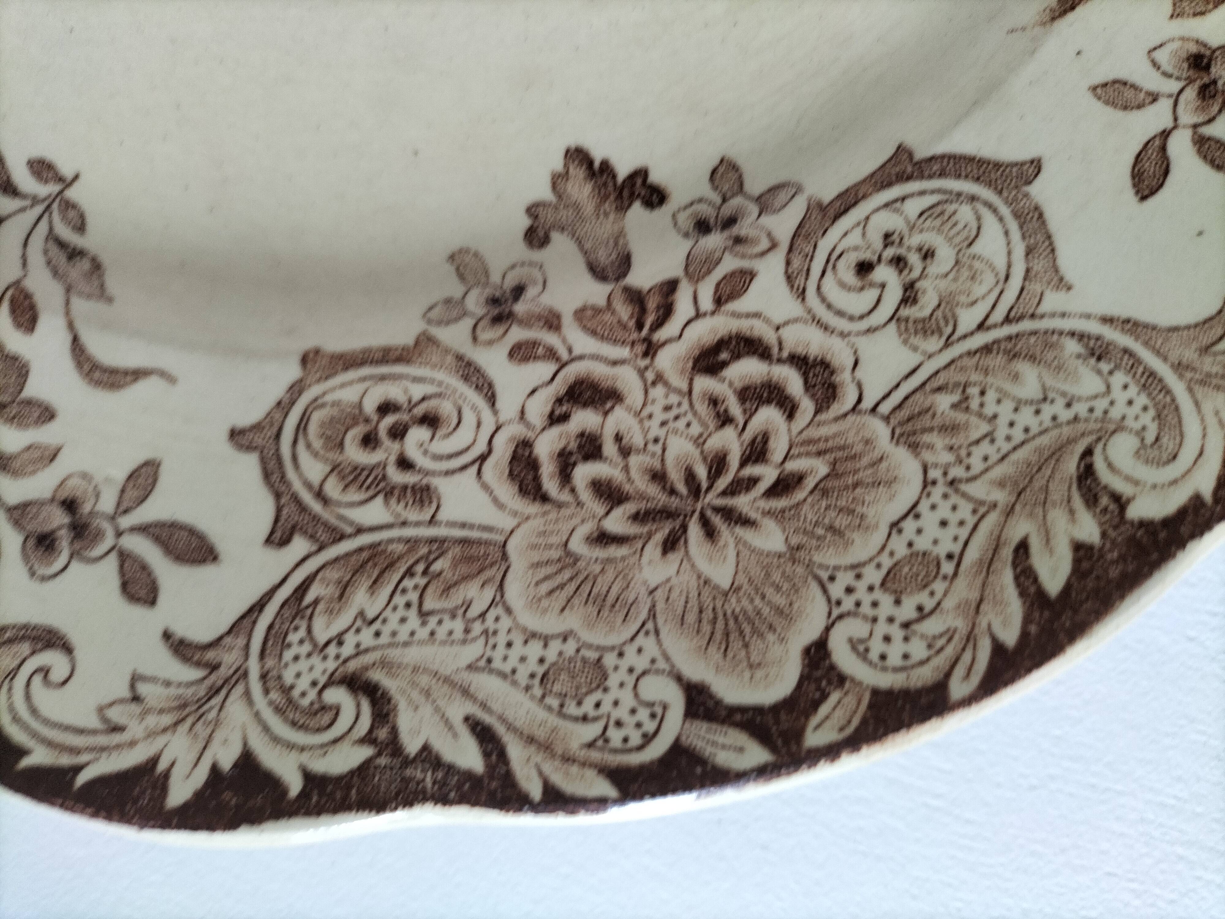 Antique earthenware plate – brown floral decoration – late 19th, early 20th century
