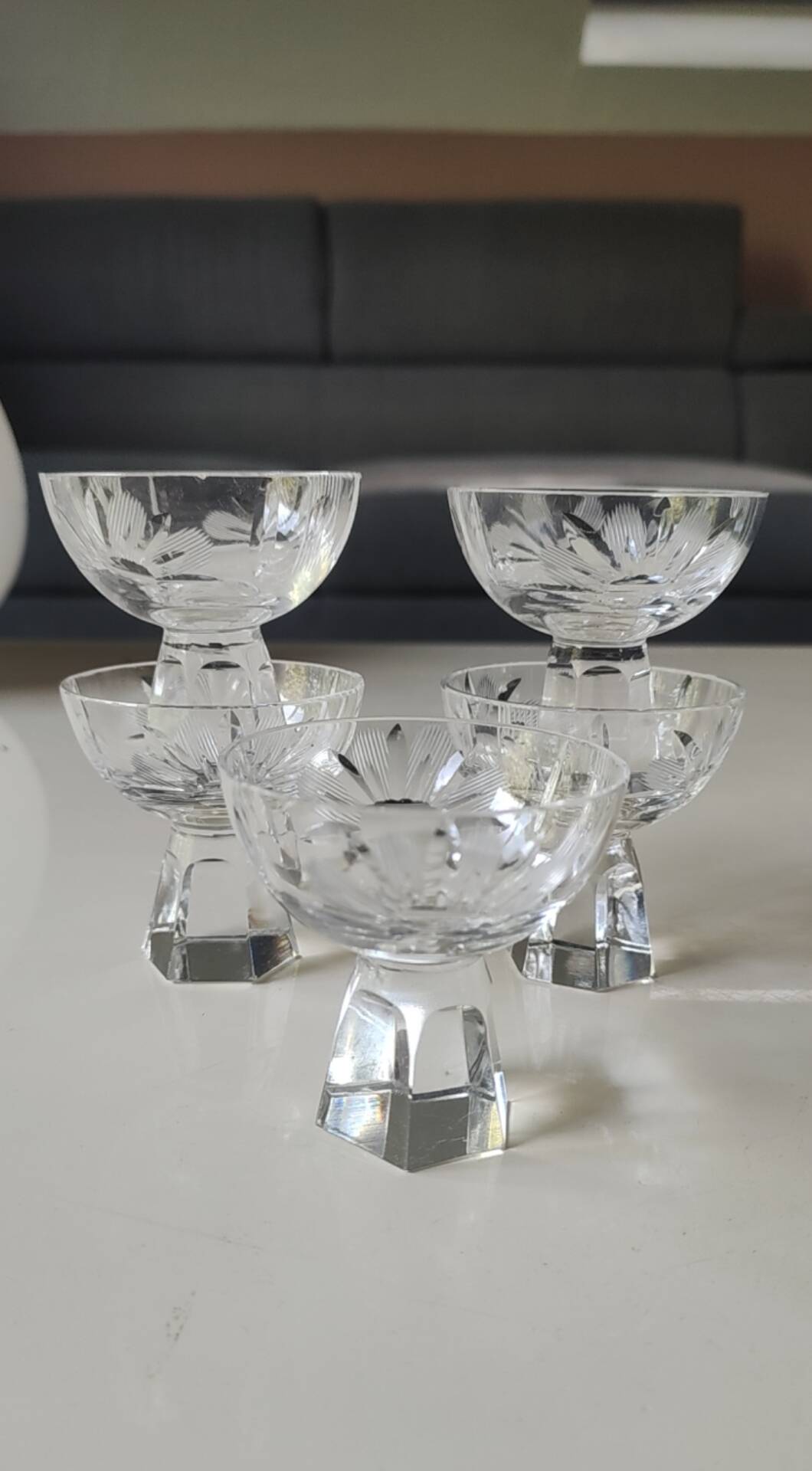 Lot of 5 Small Digestif/Liqueur Glasses. Cut Bohemian crystal. Floral.