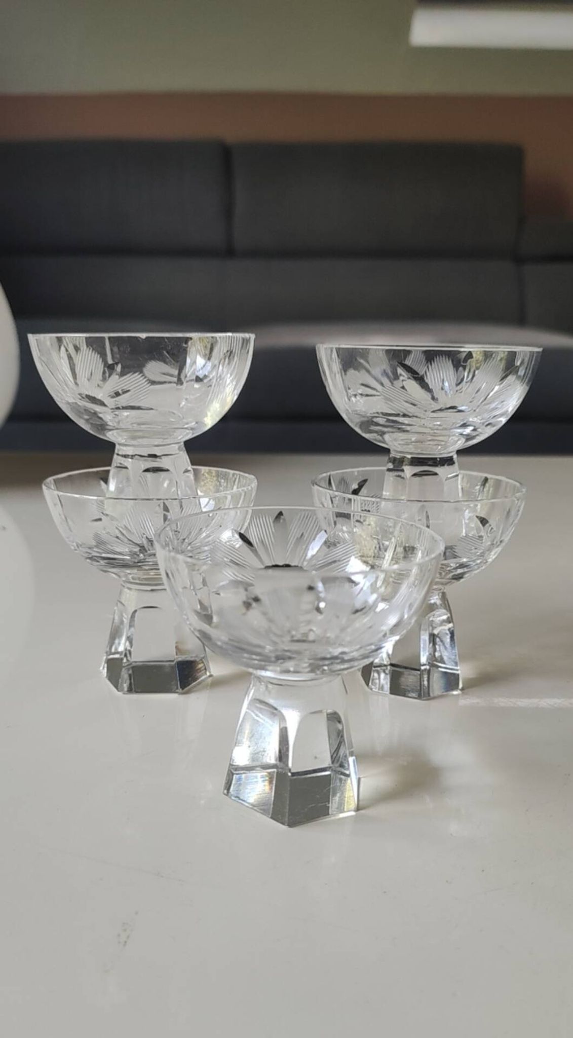 Lot of 5 Small Digestif/Liqueur Glasses. Cut Bohemian crystal. Floral.