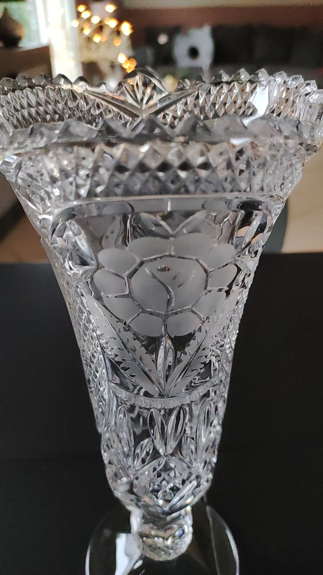Vintage vase in stylish bohemian chic crystal, floral motifs, braces
