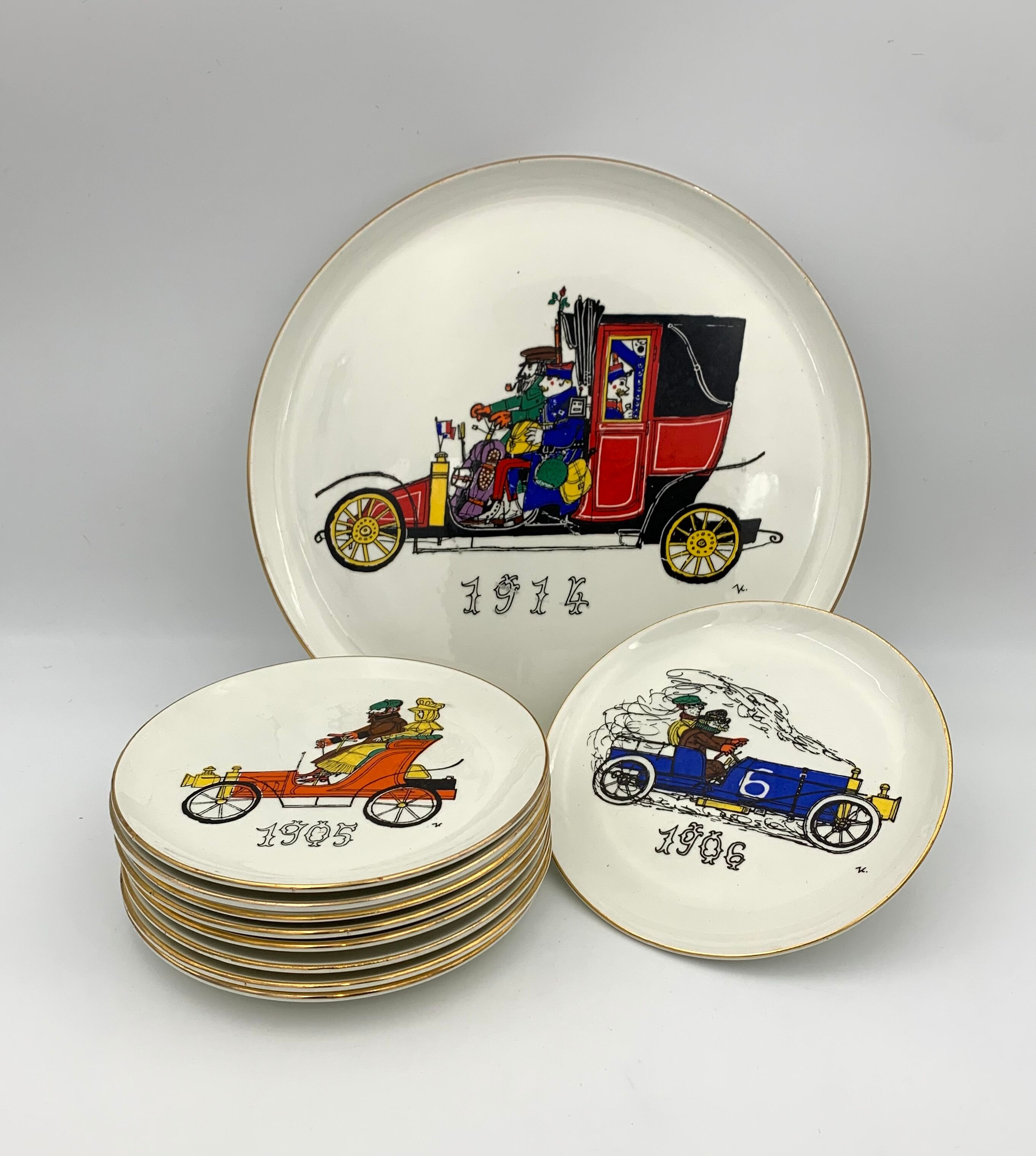 Vintage dessert service in earthenware, signed Jacques Charmoz - Val d'Or GIEN - 1950s