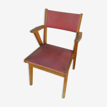 Chaise ou petit fauteuil vintage 50 bois et skai rouge