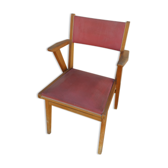 Chaise ou petit fauteuil vintage 50 bois et skai rouge