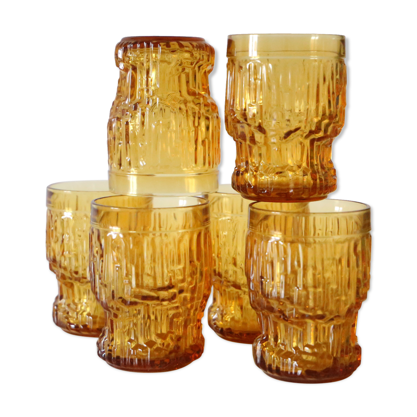Set of 6 amber glasses, frosted effect, vintage French