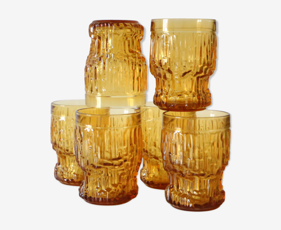Lot de 6 verres ambrés, effet givrés, vintage français