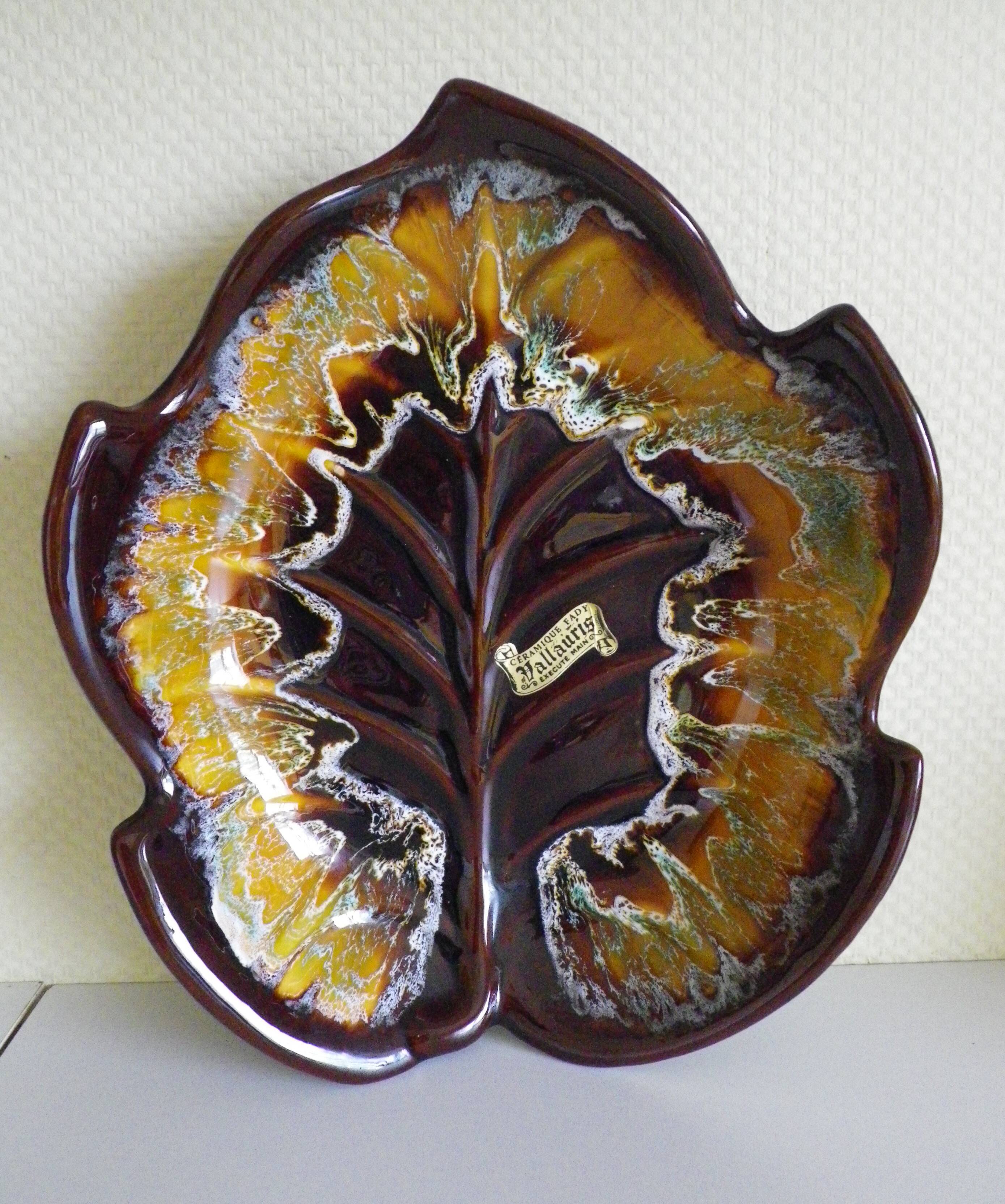 Vallauris dish, hand-made ceramic, leaf shape