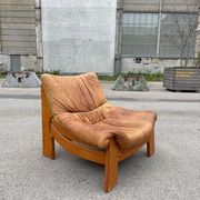 Vintage leather and pine lounge chair by Maison Regain, 1970s