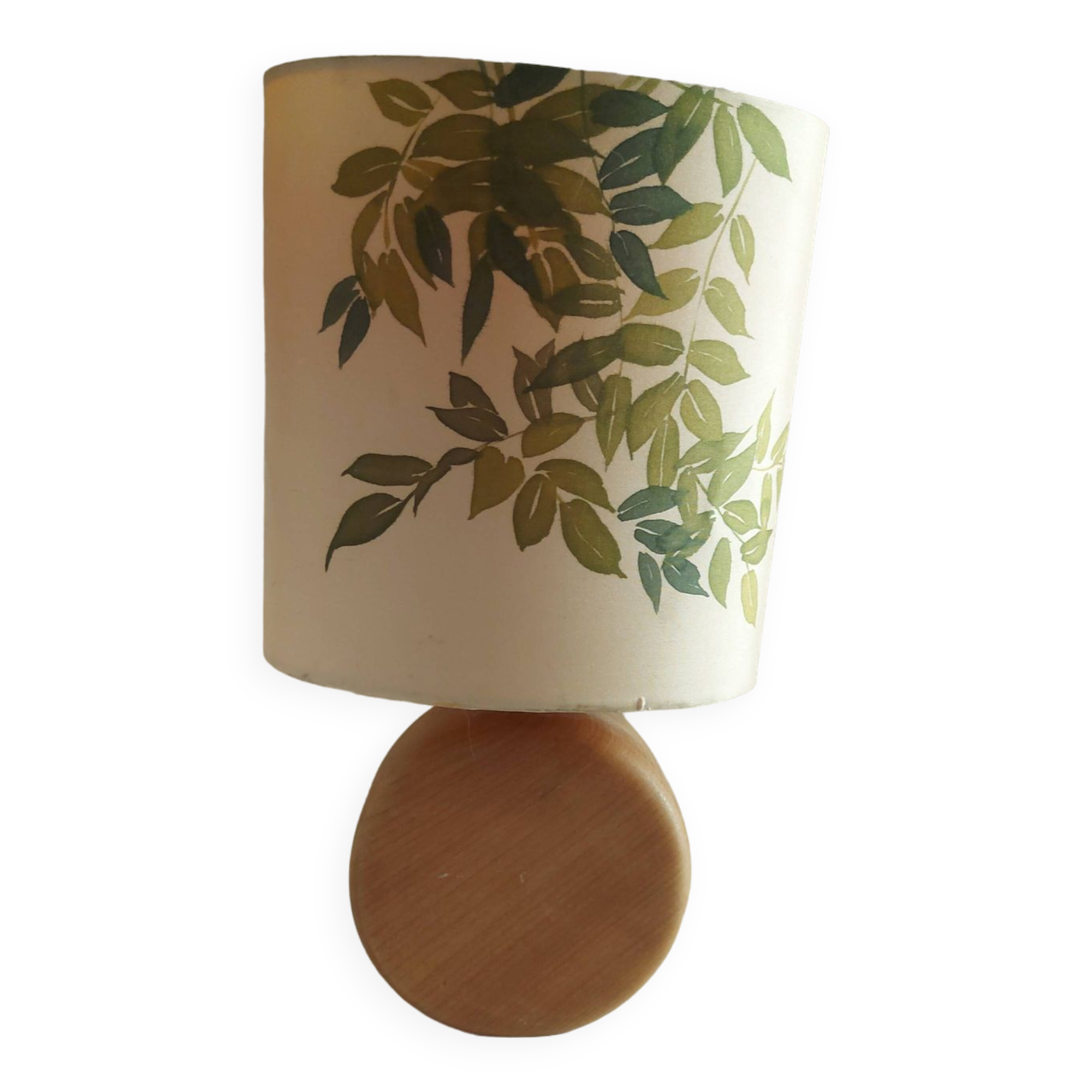 Wooden lamp with silk lampshade, hand painted, signed