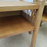 Pair of wooden and rattan bedside tables