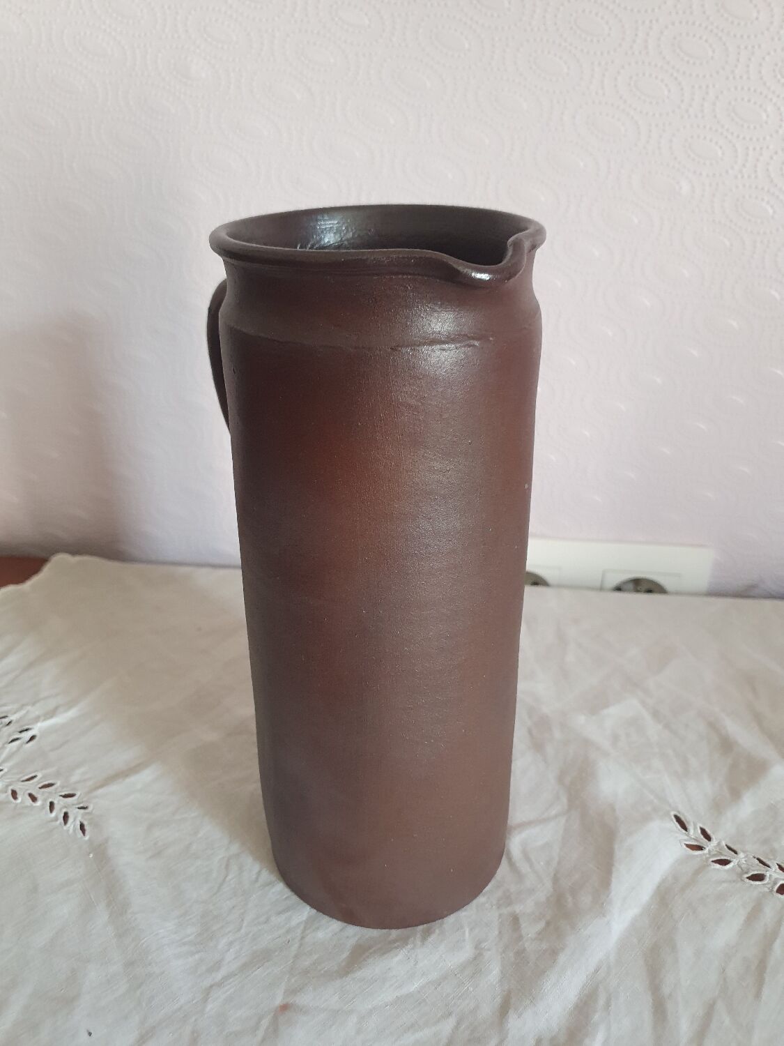 Vintage enameled stoneware pitcher signed