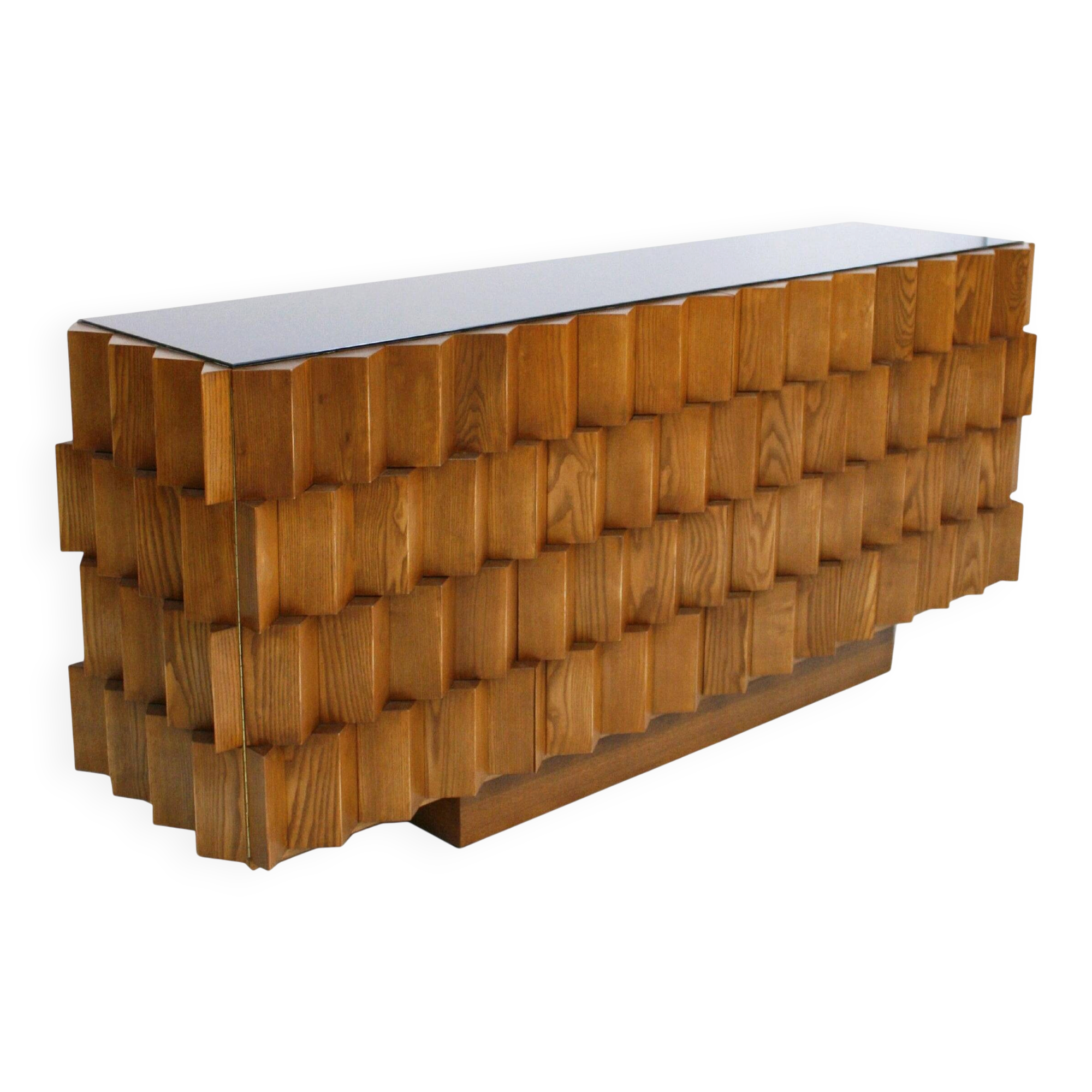 Mid-Century Modern Style Oak Wood and Black Glass Italian Sideboard