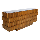 Mid-Century Modern Style Oak Wood and Black Glass Italian Sideboard