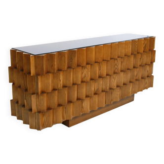 Mid-Century Modern Style Oak Wood and Black Glass Italian Sideboard