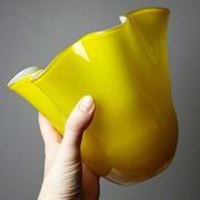 Fazzoletto vase in blown Italian glass, yellow opaline lined, Murano 1960-70.