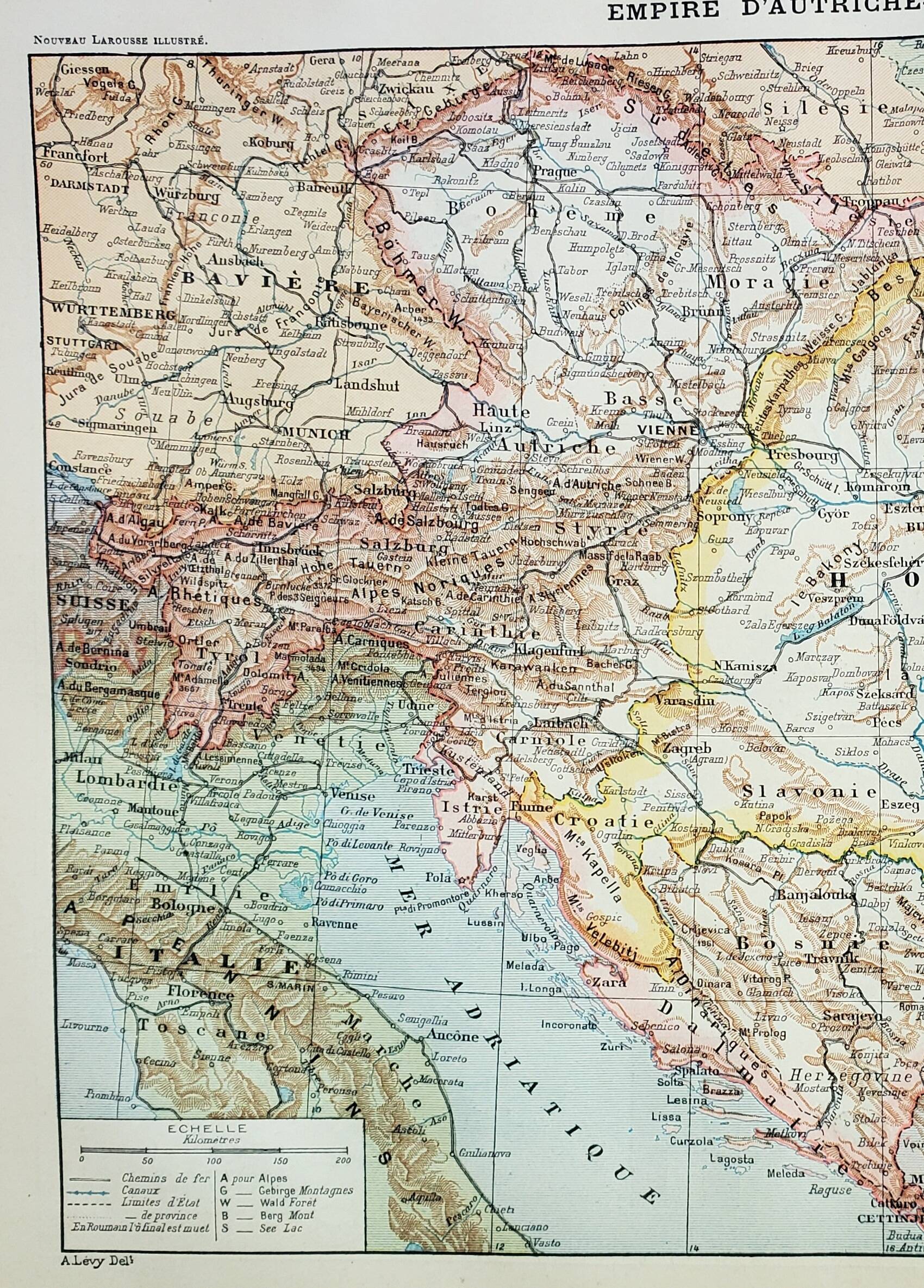 Gravure ancienne 1898, Empire d'Autriche-Hongrie, carte • Lithographie, illustration originale