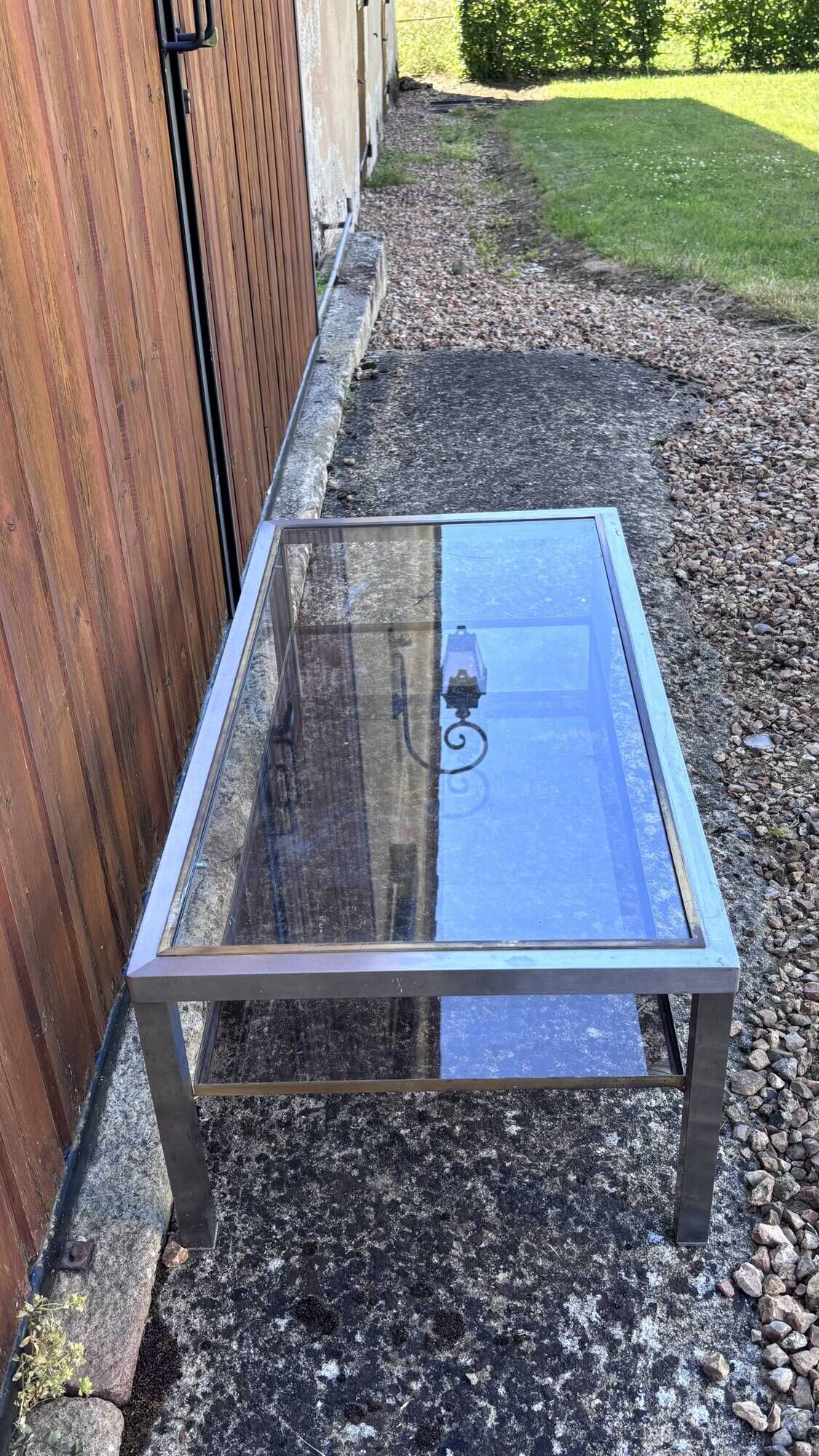 Vintage coffee table glass & chrome metal – Romeo Rega style from the 1970s