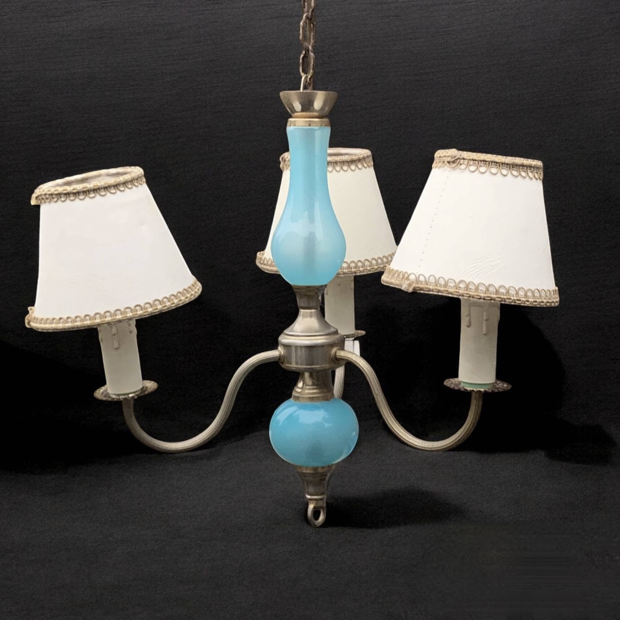 Turquoise opaline and vintage metal chandelier - 3 arms