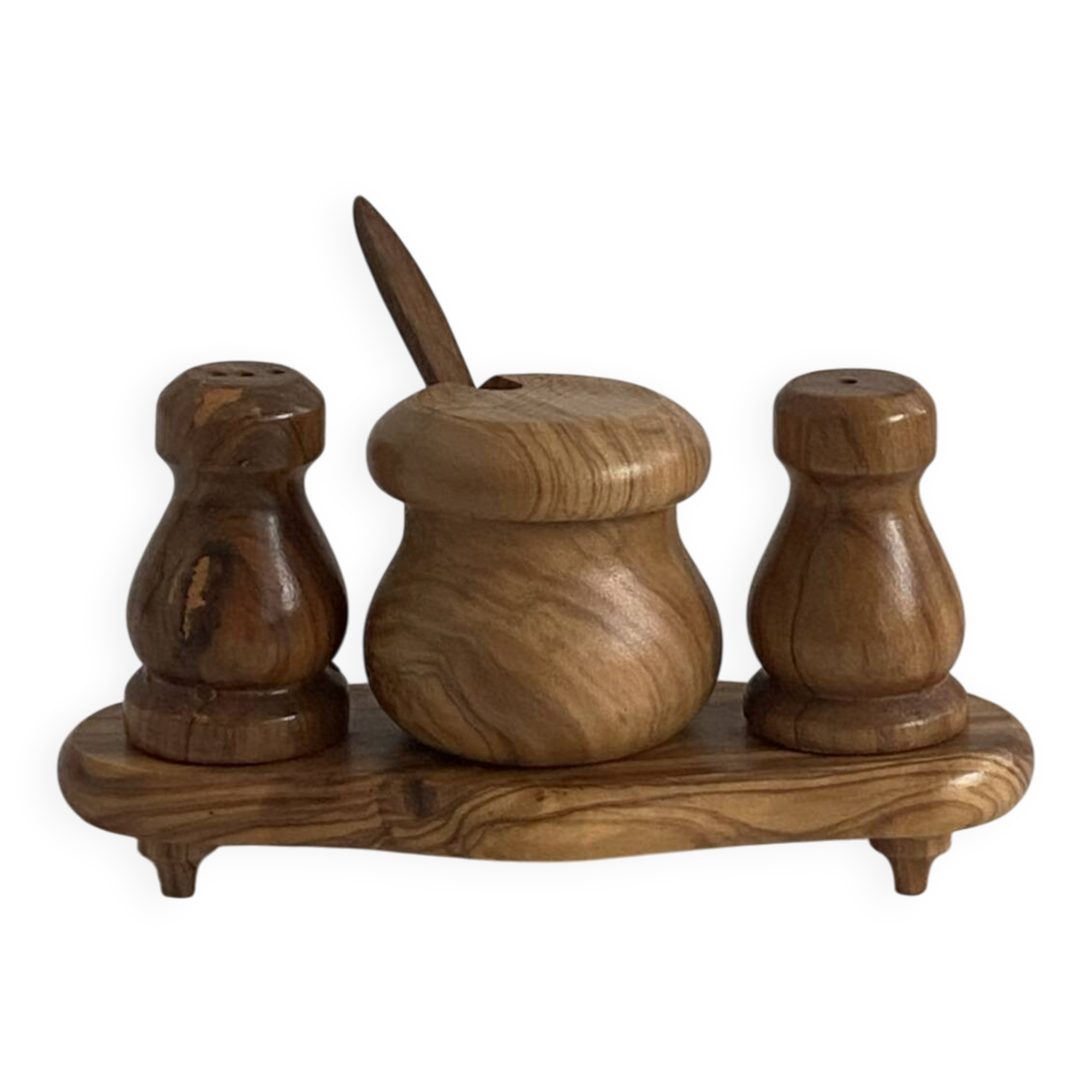 Condiment service (salt, pepper, and mustard) in olive wood