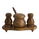 Condiment service (salt, pepper, and mustard) in olive wood