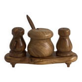 Service à condiment (sel, poivre et moutarde) en bois d’olivier