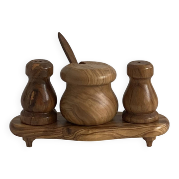 Condiment service (salt, pepper, and mustard) in olive wood