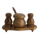 Condiment service (salt, pepper, and mustard) in olive wood