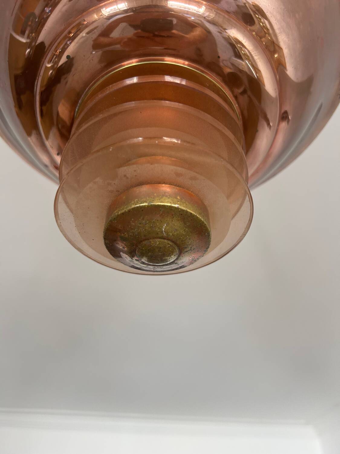 Vintage modernist chandelier, copper and glass, France 1930