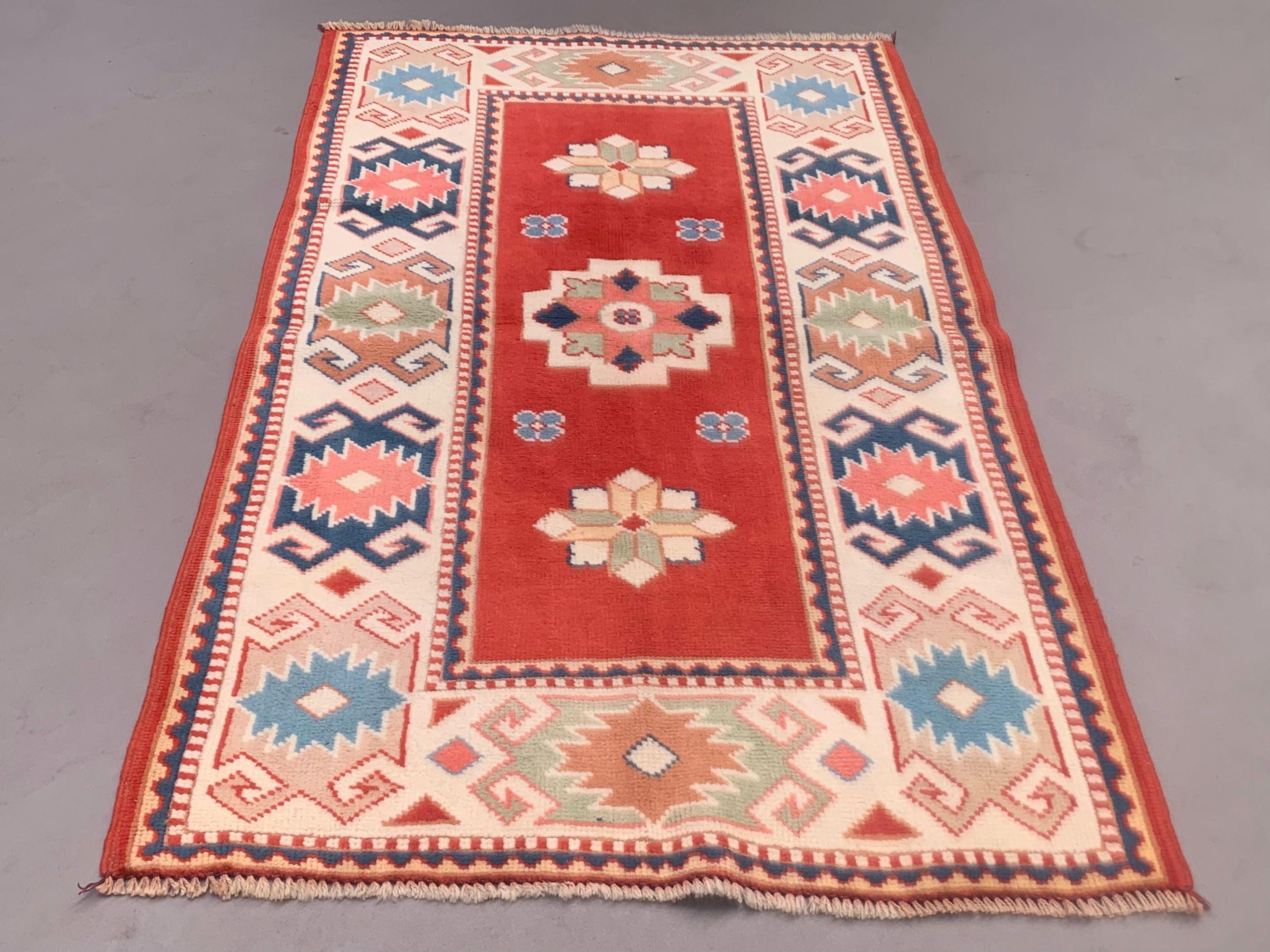 Old turkish kazak rug 140x83 cm vintage, red and blue