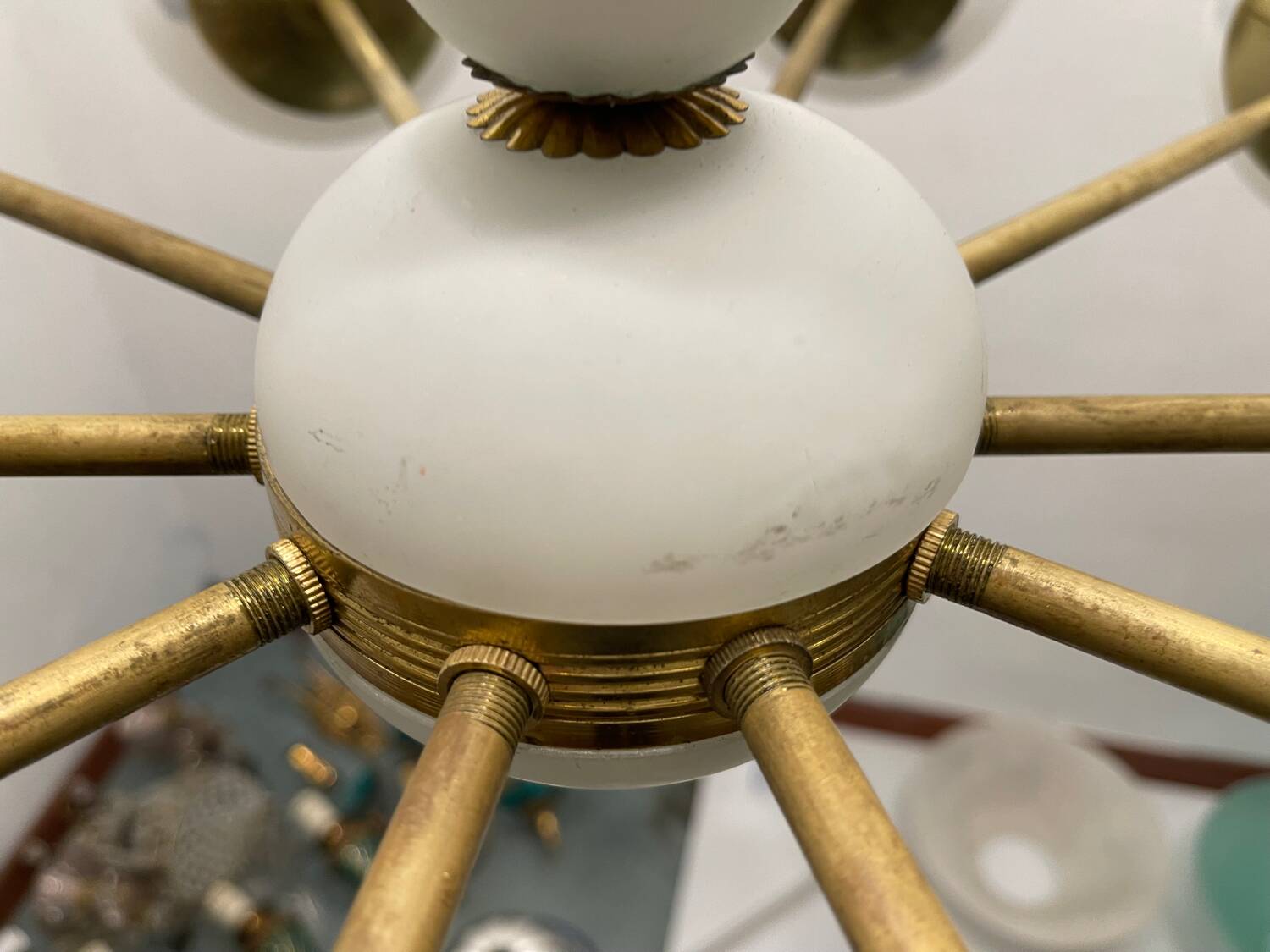 White Brass Opaline Glass Sputnik Chandelier 10 lights