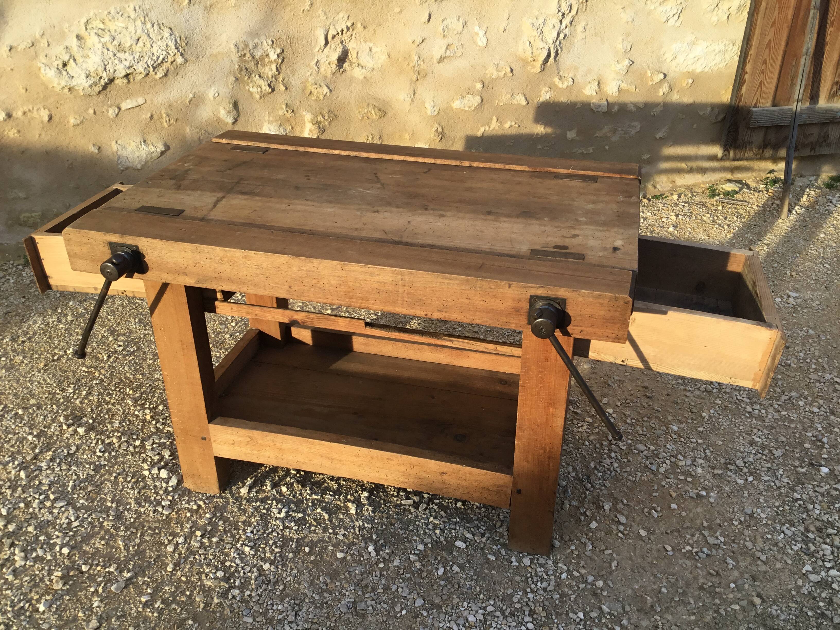 Mid-20th century beech workbench with two drawers