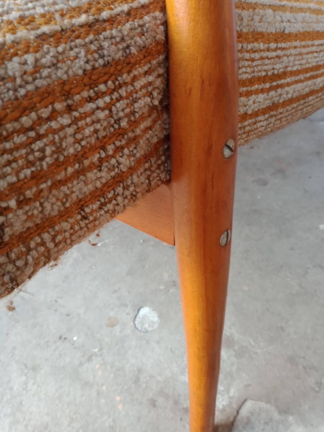 60s wood and fabric armchairs