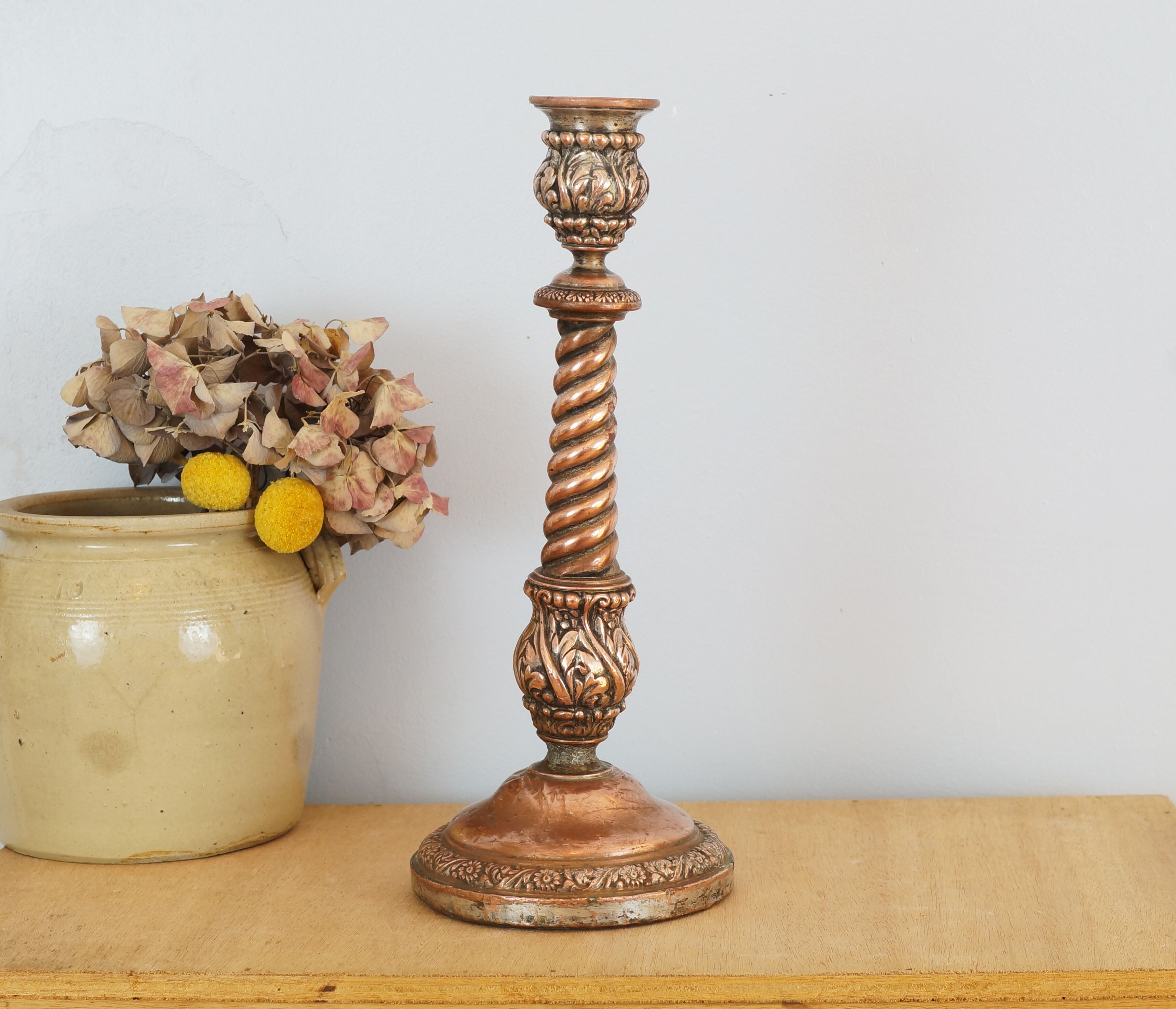 Handmade copper candle holder in hammered metal, vintage