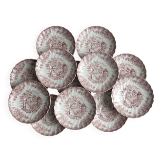 12 small vintage Churchill plates in English porcelain - pink pastoral pattern.