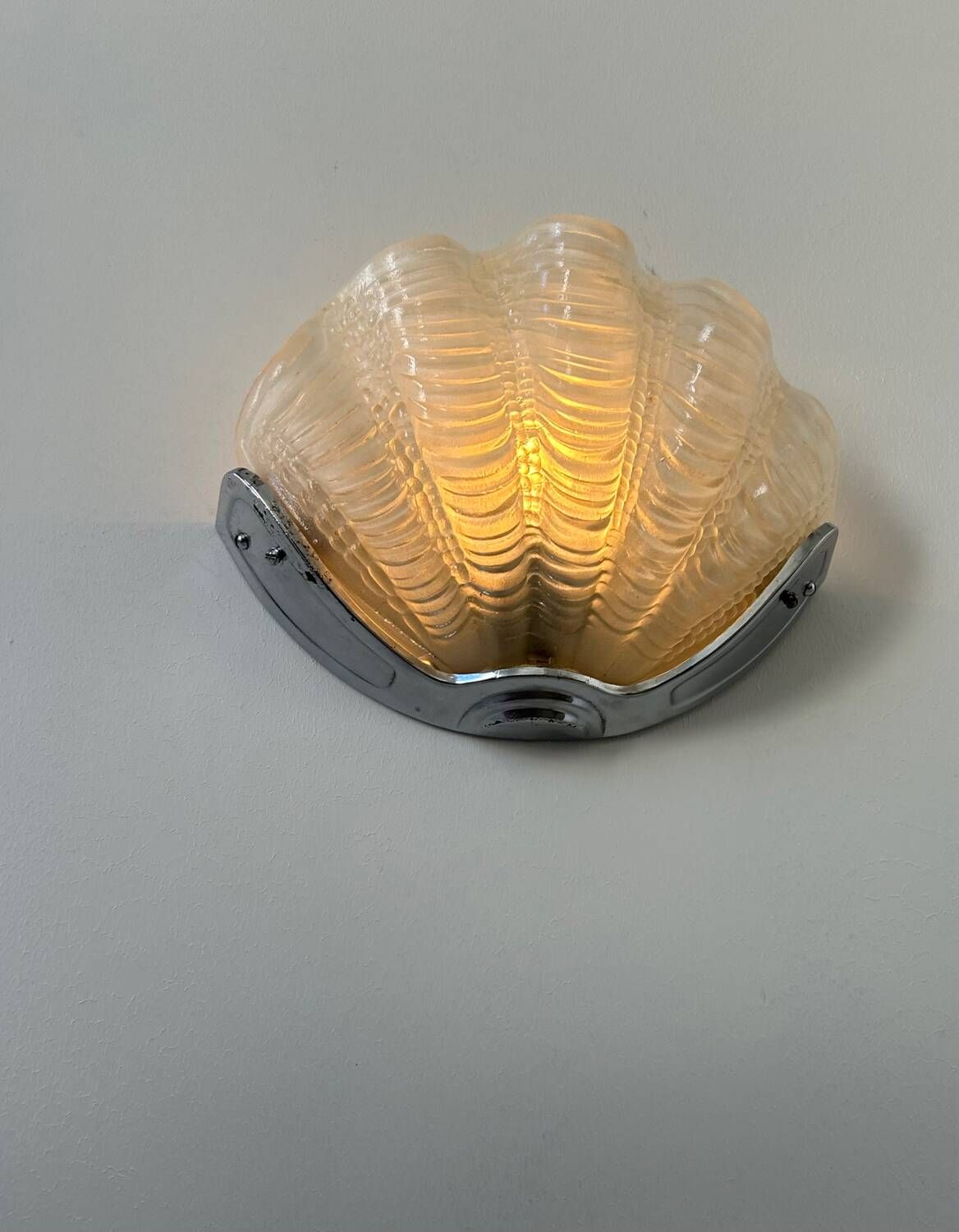 Vintage chrome and sandblasted glass shell wall lamp, France 1960