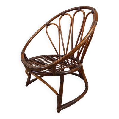 Fauteuil corbeille vintage en rotin à dossier soleil – Style Riviera, année