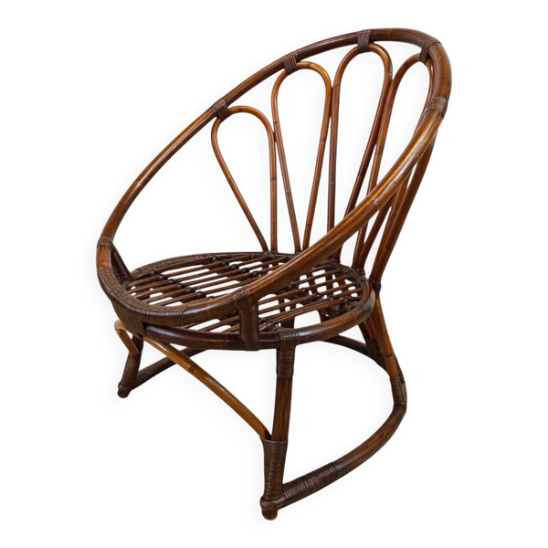 Fauteuil corbeille vintage en rotin à dossier soleil – Style Riviera, année
