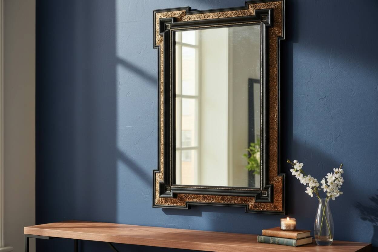 Antique wall mirror in blackened wood and gilded stucco, 19th-century Dutch style.