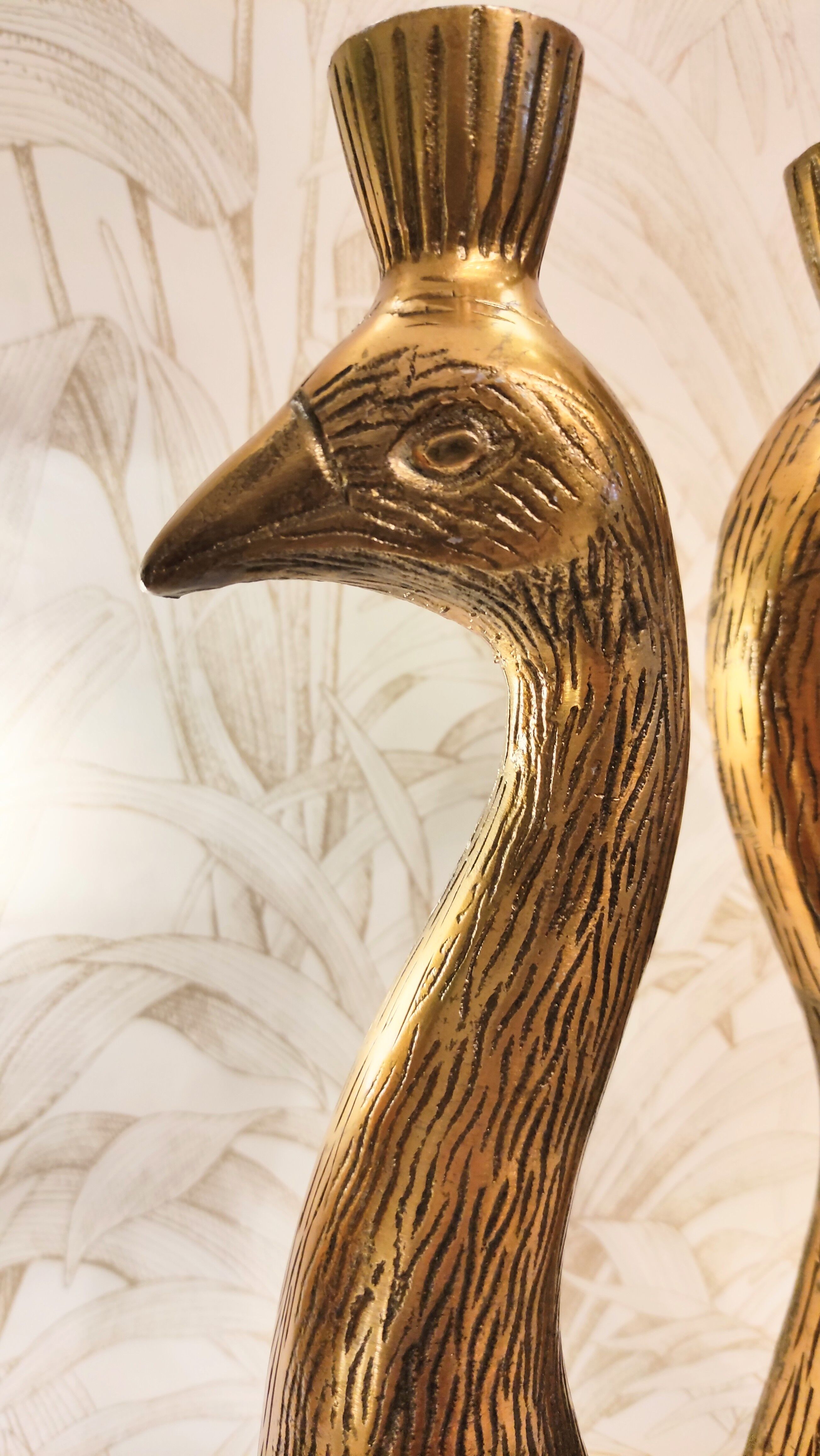 Golden candle holder art deco style peacock head