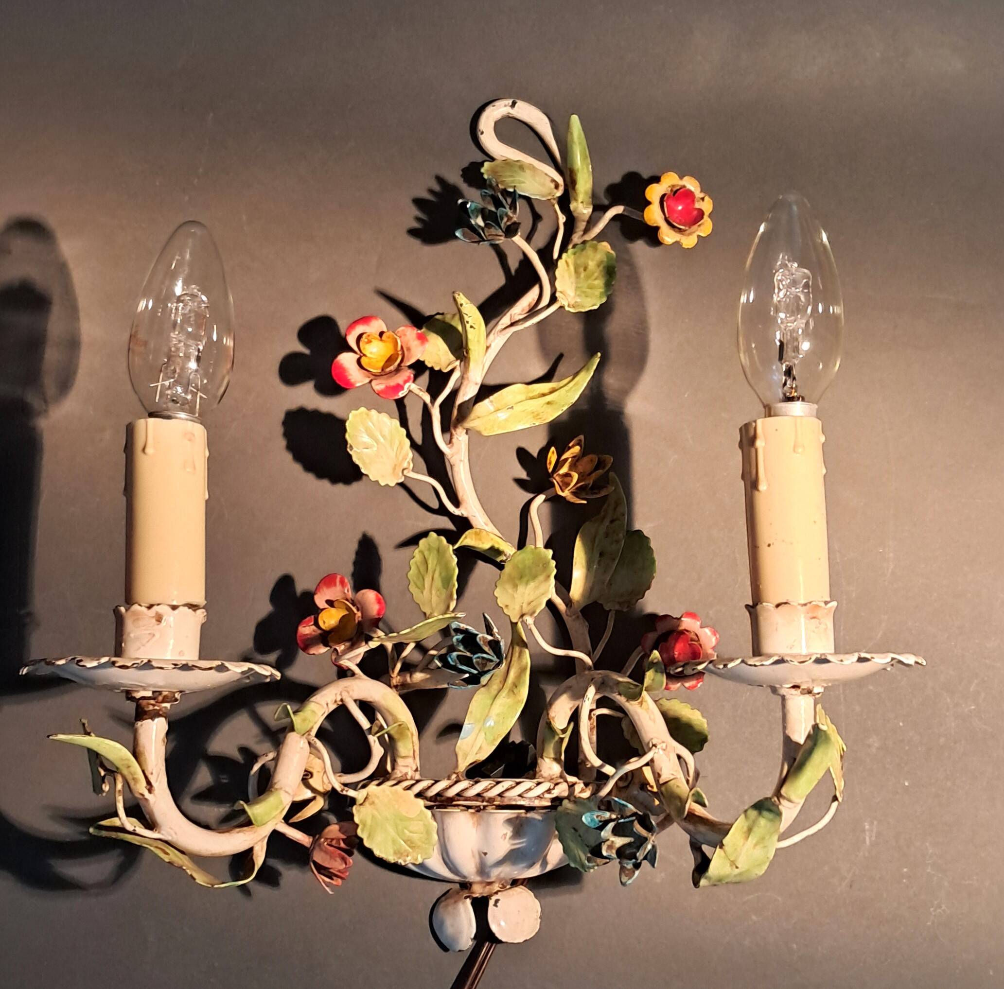 Two-light polychrome painted wrought iron wall lights, Italy 1950/1960.